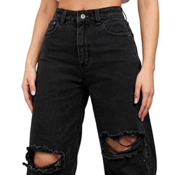 Luxewave Denim - High Waisted Wide Leg Ripped Baggy Jeans Size 30